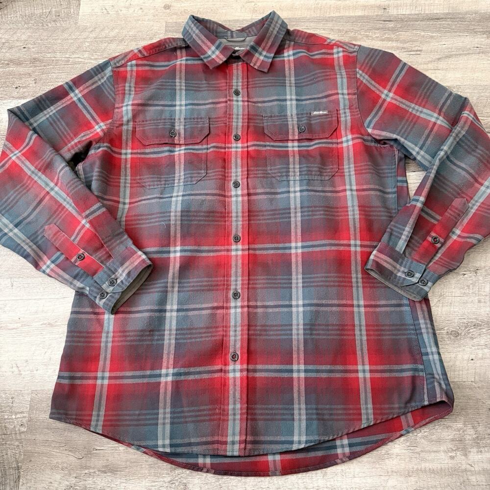Eddie Bauer TRAVEX Shirt Mens Large Classic Red Blue Plaid Flannel Long Sleeve